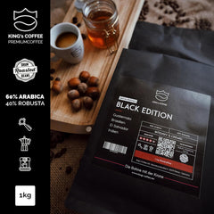KING'S COFFEE - BLACK EDITION - 1 kg de grains de café crème intense - Café à faible acidité - Torréfaction en petits lots d'Italie - Grains d'espresso Arabica forts (mélange) pour machines entièrement automatiques et porte-filtres