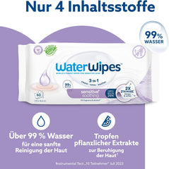 WaterWipes Sensitive+ Soothing Clean 360 pièces (paquet de 6) lingettes 3 en 1 nettoyantes, soignantes et apaisantes à 99 % d'eau avec extrait de plante, lingettes pour bébé non parfumées