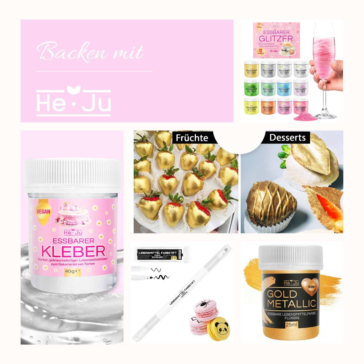 Pudră de aur comestibilă He-Ju 10g, vegană și fără E171, colorant alimentar auriu, sclipici comestibil pentru băuturi și alimente