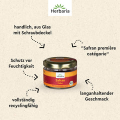 Herbaria Safran-Fäden bio 0,5g im Glas – Bio Safran-Fäden aus dem bereicht Safran-Ort Taliouine in Marokko – Safranfäden in Premium Bio-Qualität – Saffron Premium - Safran première catégorie