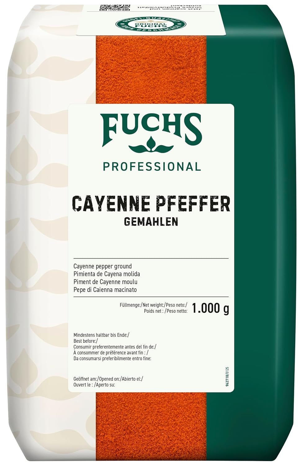 Fuchs Professional - Cayenne Pfeffer gemahlen | Scharfes Gewürz pour Chili con Carne | Qualité professionnelle pour les grossistes et la gastronomie | Sac recyclable de 1 kg