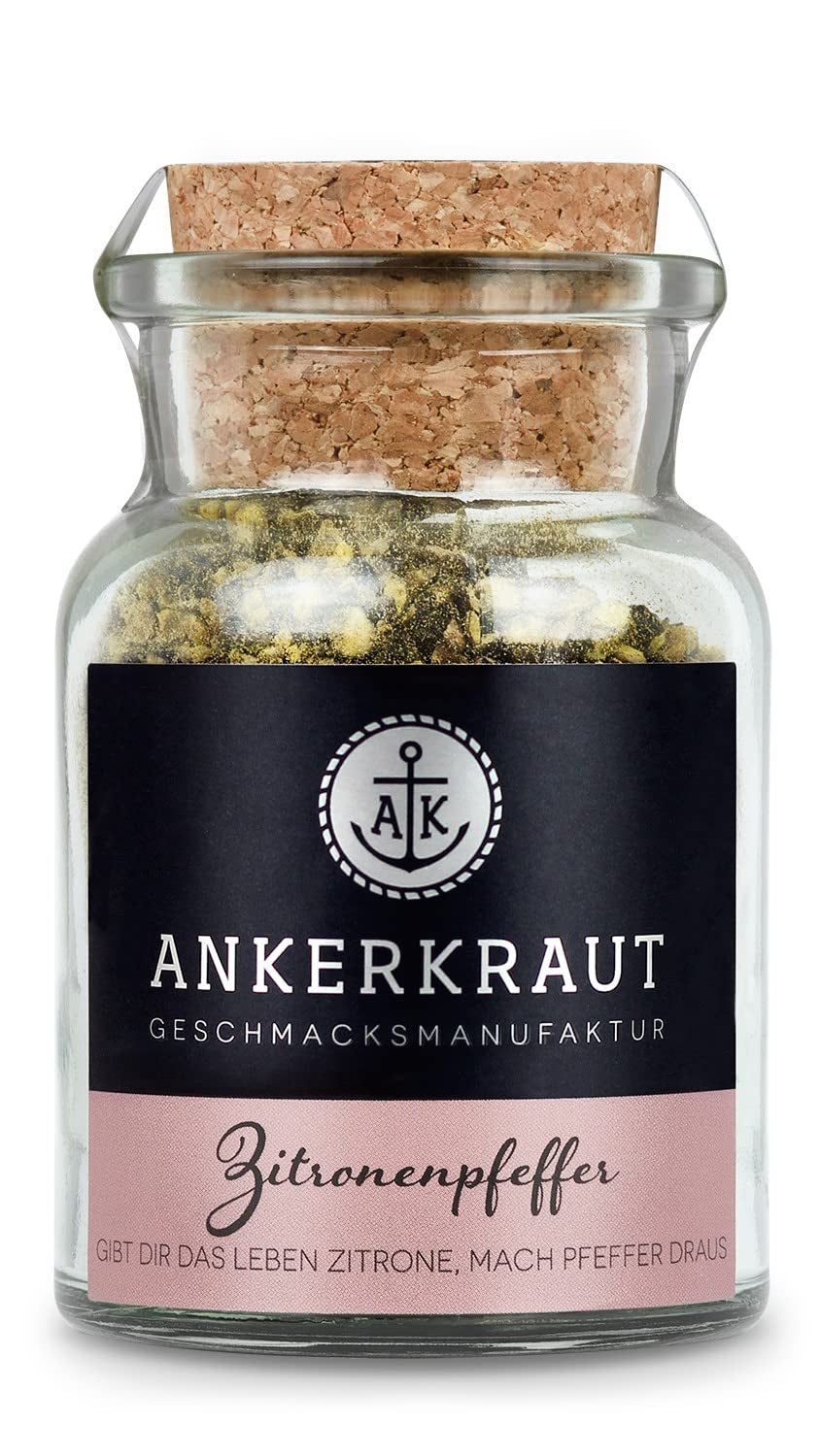 Ankerkraut Zitronenpfeffer, 85g dans un verre en liège, Pfeffer-Mischung Citrus Frische-Kick, Einfach Kochen mit Gesmack & Aroma