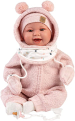 Llorens 1018480 Babypuppe Tala, aux yeux marron et au corps doux, Baby Puppe inkl. flauschigem rosa Tenue d'hiver, Schnuller, Schnullerkette, 44 cm