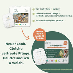 Scutece Naty FreeMovers pentru bebeluși | Huse de scutece certificate, prietenoase cu pielea | Moi și fără parfum | Absorbante și rezistente la scurgeri | Testate dermatologic | Mărimea 5 (12–18 kg) | 80 bucăți