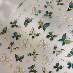JMEOWIO 3D Nagelsticker Grün Gold Schmetterling Nail Art Sticker Selbstklebend Nagelaufkleber 5D Stereoskopisch Dekoration Nageldesign Zubehör 1 Blatt