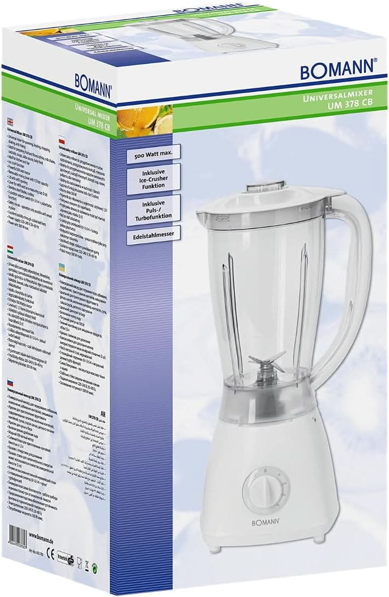 Bomann 378 CB Universalmixer Zum Pürieren, Schlagen, Zerkleinern, Shaken Und Mixen, Ice Crush-Funktion, Kraftvoller 500 Watt-Motor, Abnehmbarer Mixbehälter Mit 1.5 Liter, Edelstahlmesser, Weiß, UM 378 CB Bucatarie Naty Shop