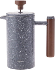 Presă franceză cu pereți dubli din marmură KARACA și mâner din castan – Presă franceză izolată pentru cafea – Aparat de cafea pentru acasă, călătorii și camping – 350 ml – Gri închis