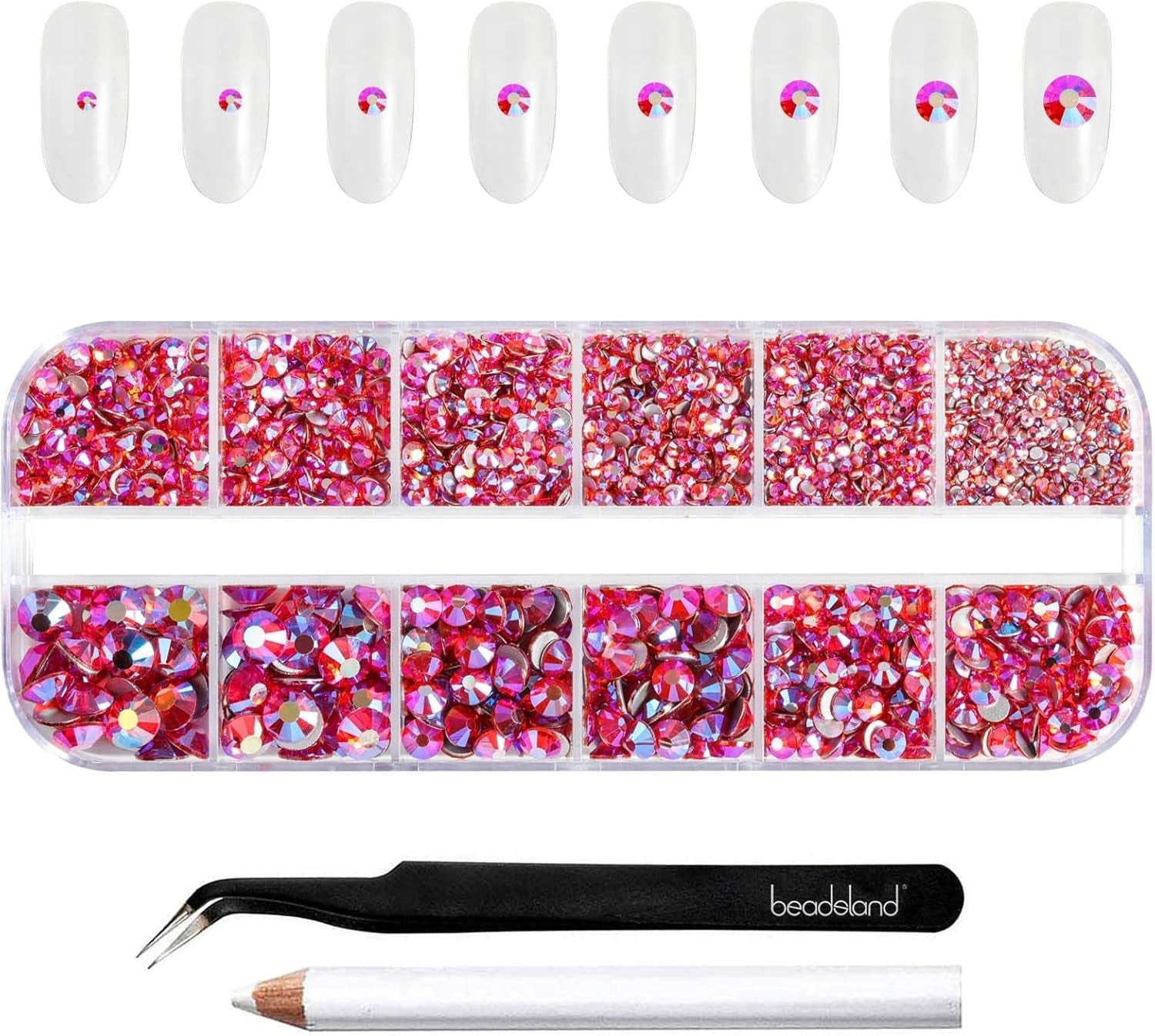 Beadsland 2500Pcs Glas Nailart Strasssteine Kristall Flatback Edelsteine Runde, Für Handwerk Gemischt 8 Größen SS4 ~ SS30 Mit Picking Pinzette Und Stift (Kristall Weiss)