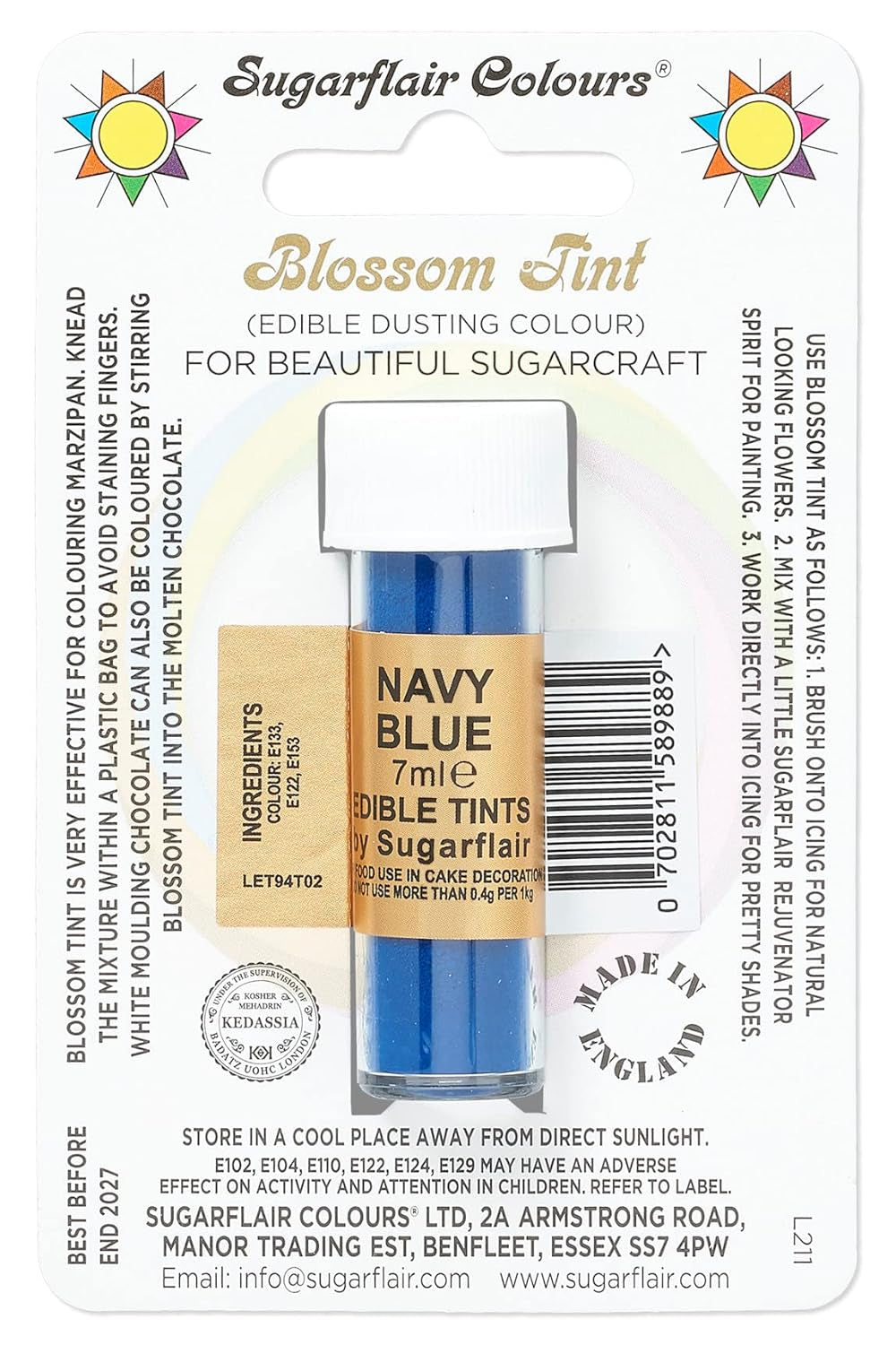 Colorant alimentaire en poudre Sugarflair Blossom Tint Dusting, bleu marine - Colorant alimentaire en poudre pour décorer pâte à sucre colorée, fondant, glaçage, chocolat, crème au beurre, macarons - 7 ml