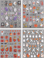 JMEOWIO 3D Nagelsticker Halloween Nail Art Sticker Selbstklebend Nagelaufkleber 5D Stereoskopisch Süßer Geisterkürbis Dekoration Nageldesign Zubehör 4 Blatt