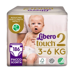 Libero, Couches Bébé Touch Open, 186 Couches Taille 2 pour Bébés de 3 à 6 Kg, 3 Paquets de 62 Couches Jetables Mère et Bébé Naty Shop