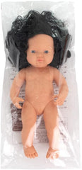 Miniland Dolls : poupée européenne pour bébé fille avec serrures noires, 38 cm, en vinyle blanc, dans un sac transparent. (31232)