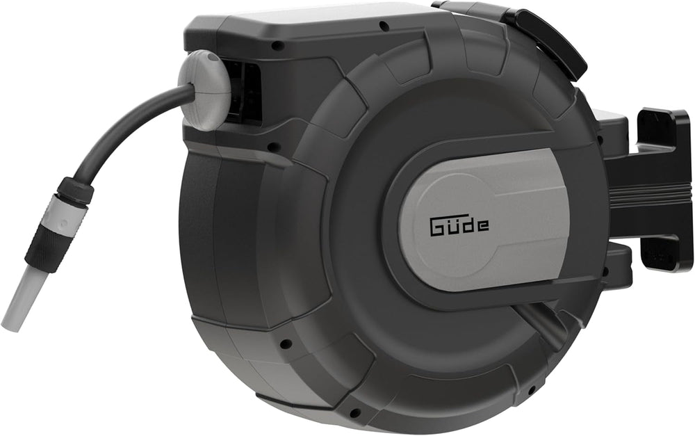 Rolă automată pentru furtun Güde 30-2-2 1/2 (rotație la 180°, pentru montare pe perete, furtun de 30 m, pulverizator de apă, suport de perete, retragere automată, opritor retragere, mâner de transport, 2 cuplaje rapide)