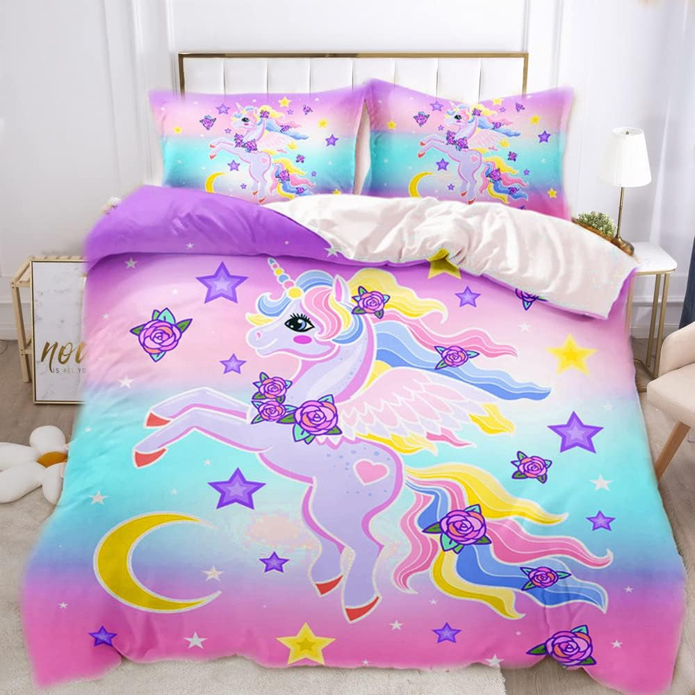 Lenjerie de pat pentru fetite, Unicorn, 2 fețe de pernă Lenjerie de pat - copii Naty Shop Unicorn curcubeu multicolor 135×200 Cm