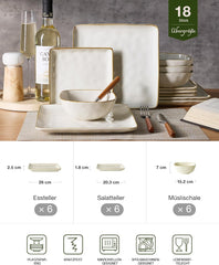 Service de table en grès pour 6 personnes Ocean Series, service de table carré de 18 pièces, service combiné d'assiettes, vernis réactif, vaisselle résistante aux rayures, Beige