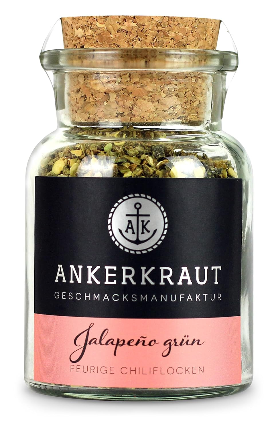 Ankerkraut Grüne Jalapeno, scharfe Chili, Chilis geschrotet, Finisher Scharf Würzen, Scharfes Essen Kochen, Highlight Chili con Carne, Fleisch, Kartoffeln, 45g dans Korkenglas