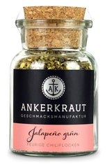 Ankerkraut Grüne Jalapeno, scharfe Chili, Chilis geschrotet, Finisher Scharf Würzen, Scharfes Essen Kochen, Highlight Chili con Carne, Fleisch, Kartoffeln, 45g dans Korkenglas