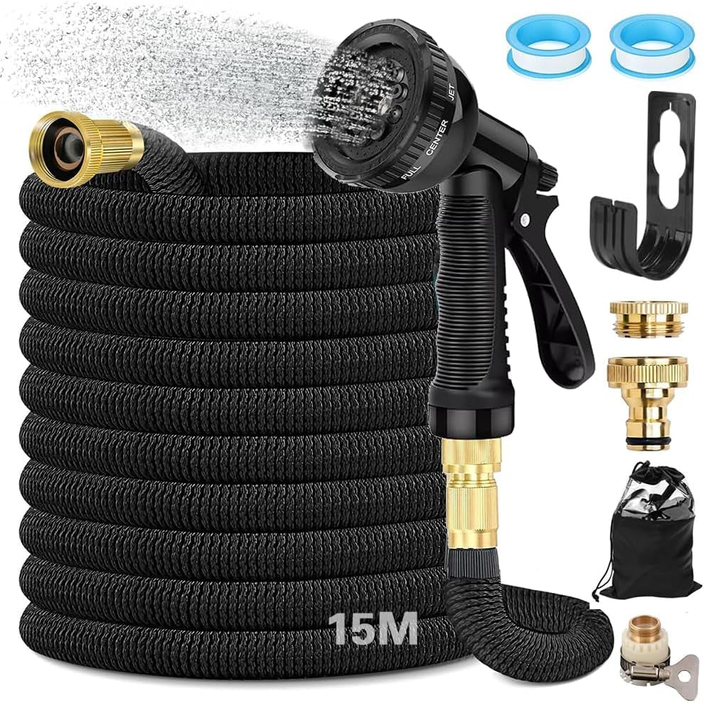 Tuyau d'arrosage flexible extensible de 15 m, tuyau d'arrosage flexible avec 8 fonctions de pulvérisation, tuyau d'arrosage flexible de 1/2" à 3/4", pour arrosage du jardin, lavage de voiture, lavage et arrosage