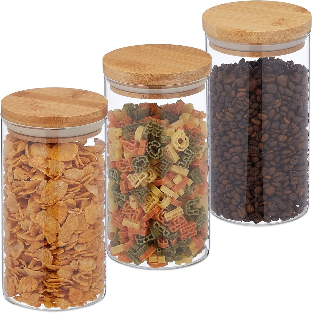 Boites de conservation Relaxdays avec couvercles en bambou lot de 3 bocaux ronds en verre 1000 ml étanches transparent/naturel 18x10 cm Boites de conservation alimentaire Naty Shop transparent/naturel 1000 ml