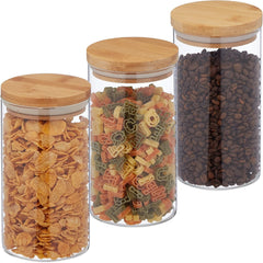Boites de conservation Relaxdays avec couvercles en bambou lot de 3 bocaux ronds en verre 1000 ml étanches transparent/naturel 18x10 cm Boites de conservation alimentaire Naty Shop transparent/naturel 1000 ml