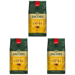 Café en grains Jacobs Café Crema Gold 1kg – Corsé, aromatique, aux notes fruitées, grains Arabica et Robusta, intensité 5/10, idéal pour Café Crema (pack de 3)