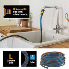 Fiskars L Tuyau d'eau, Protection UV, Testé sous pression, Rigidité en torsion 4 (sur 5), 30 m, Ø 1,3 cm (1/2"), 4,2 kg, Noir/Orange/Bleu, 1027105