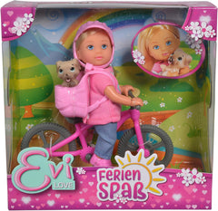 Simba 105733273 - Poupée vélo Evi Love Fun Holiday avec vélo, chien et sac à dos, poupée mannequin, 12 cm, pour enfants à partir de 3 ans