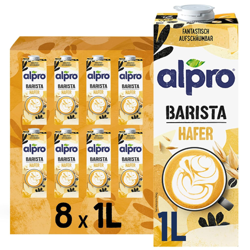 Alpro Barista Haferdrink – Zum Aufschäumen – Vegan et milchfrei – Von Natur aus lactosefrei – Riche en substances de ballast, calcium et vitamines – 8 x 1 L – Haltbar