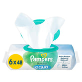 Lingettes humides Pampers Harmony Aqua, 6 paquets de 48 lingettes chacun, 288 lingettes au total, aide à restaurer l'équilibre naturel du pH de la peau. Lotion légère 99 % d'eau.