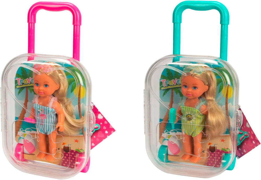 Simba Evi Love Travel, 2 modèles assortis, UN seul article sera livré, poupée dans une valise à roulettes, porte un maillot de bain à volants, comprend des lunettes de soleil et de la glace, 12 cm, à partir de 3 ans