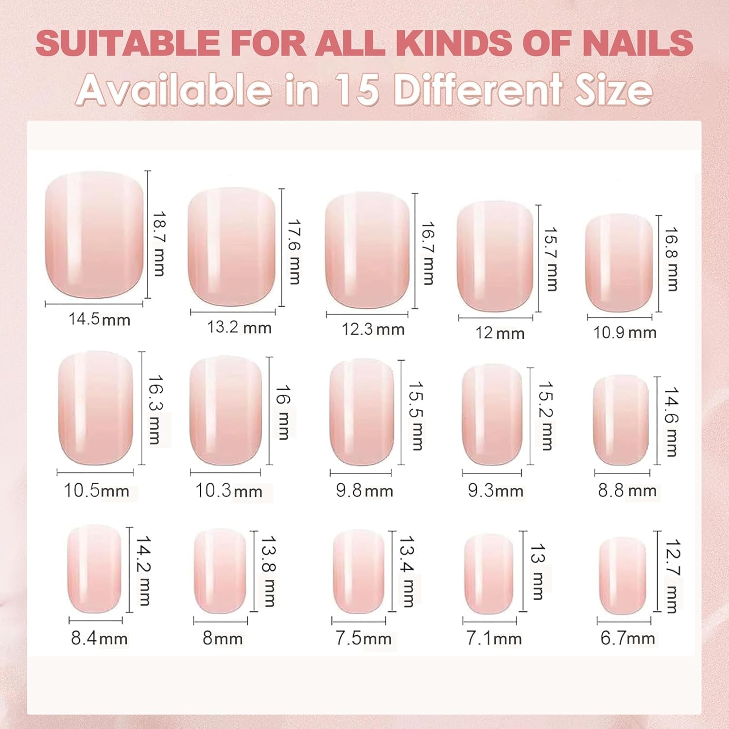 Set 240 de bucăți de unghii pătrate cu gradient, unghii artificiale alb nud cu gradient pentru lipire cu stilou cu ulei, unghii false naturale medii ombre pentru femei DIY (Nude Square)