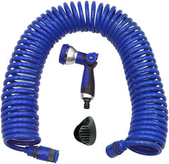 590078 – Jeu de tuyaux spiralés, bleu, 15 mètres (diamètre 9 mm) + pistolet multifonction avec 8 buses + filetage intérieur automatique avec adaptateur ¾-½ + 2 connecteurs rapides + support de suspension