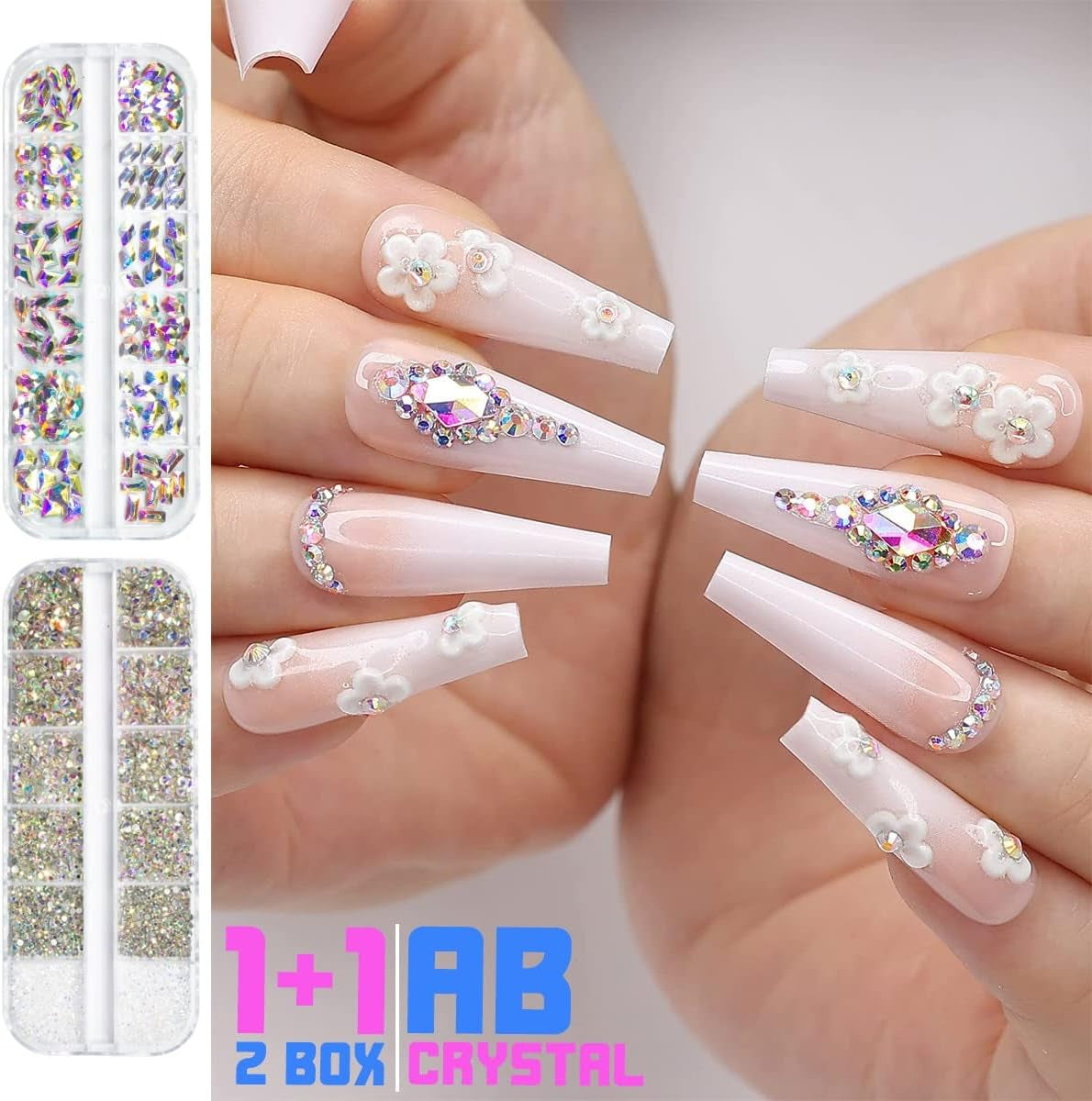 2630 buc pietre strălucitoare cristal AB pentru unghii, 120 pietre strălucitoare mari de 12 tipuri + 2510 pietre rotunde din sticlă K9 de 6 dimensiuni pentru unghii, strasuri, design de unghii, brelocuri pentru unghii pentru arta feței