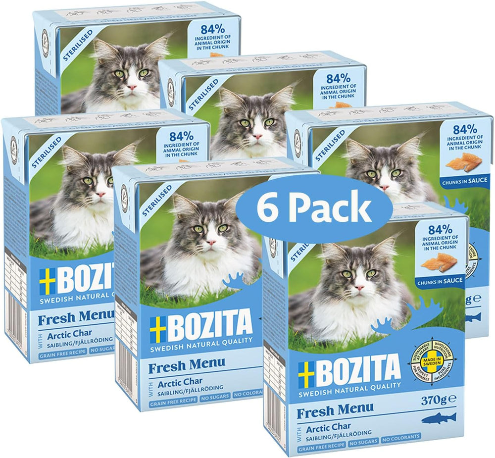 Bozita Tetra Bucăți sterilizate în sos cu cărbune – 6 x 370g Hrană umedă fără cereale și fără zahăr pentru pisici – non-OMG, cu 8,5% proteine și 4,5% grăsimi – de înaltă calitate și deosebit de gustoasă