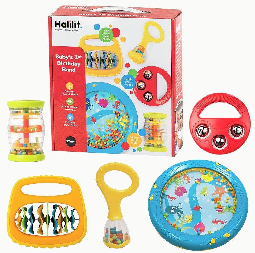 Set cadou instrumente muzicale pentru prima aniversare a bebelușului. Include Ocean Drum, Baby Maraca, Ring My Bell, Rainboshaker & Clip Clap. Jucărie muzicală senzorială pentru bebeluși. Potrivit pentru băieți și fete 12 luni + Jucarii Bebe Naty Shop Titlu implicit