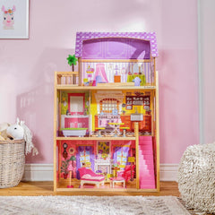 Casa de păpuși din lemn Kidkraft Kayla cu mobilier și accesorii, set de joacă cu 3 niveluri de joc pentru păpuși de 30 cm, jucărie pentru copii de la 3 ani, 65092 - Exclusiv pe Amazon Casute de papusi Naty Shop