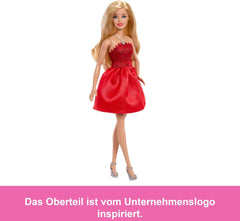 Mattel Rubinrote Blonde Barbie-Party-Modepuppe zum 80. Jubiläum roten Kleid mit silver Schuhen und Halskette, Sammelspielzeug, JGD25