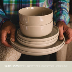 Service de table en grès cérame pour 6, 18 pièces – Plus solide et résistant aux rayures que les assiettes et bols en faïence, beige brillant | L'ensemble de vaisselle comprend 6 assiettes plates, 6 assiettes à dessert et 6 bols -