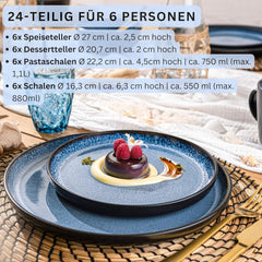 SÄNGER Aruba | Service de table en grès pour 6 personnes, 6 assiettes plates, 6 assiettes petit-déjeuner, 6 assiettes plates, 6 bols à pâtes, bleu avec bord noir | LA COLLECTION VALEUR