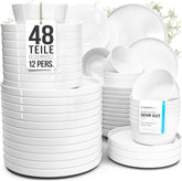 Service de table en porcelaine Crystal 48 pièces, gagnant du test, service de table en porcelaine transparente, bols et assiettes, service de table pour 12 services de table Pure Living en blanc