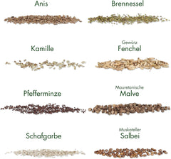 Ensemble de graines de thé : 8 variétés de graines pour balcon et jardin - menthe, camomille, anis, ortie, mauve - graines de plantes - thé - boîte à thé - plantes OwnGrown