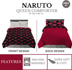 Franco Naruto Anime Akatsuki Pattern Lenjerie de pat moale microfibră Plapumă Queen, (produs oficial Naruto) Plapumi si pilote Naty Shop