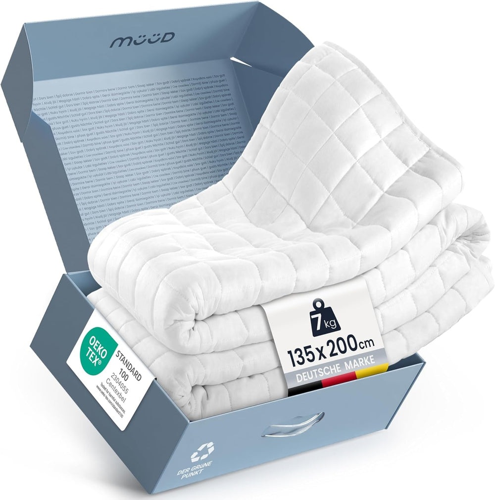 Couverture thérapeutique 7 kg I 135X200Cm I Pour un sommeil réparateur I Couverture lestée de haute qualité en coton respirant I Anti-stress et thérapeutique - Y compris boîte d'emballage avec poignée de transport Lits et couvertures Besuche den müüd-Store 135 X 200 Cm 7,0 kilogrammes