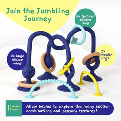 JUMBLE JANGLE Anneau de dentition pour bébé : jouet de dentition pour bébé de 3 à 24 mois | Ensemble de 7 jouets à mâcher sans BPA | Anneau de dentition en silicone rafraîchissant | Jouet pour tout-petit avec ventouse pour chaise haute, table et baignoire