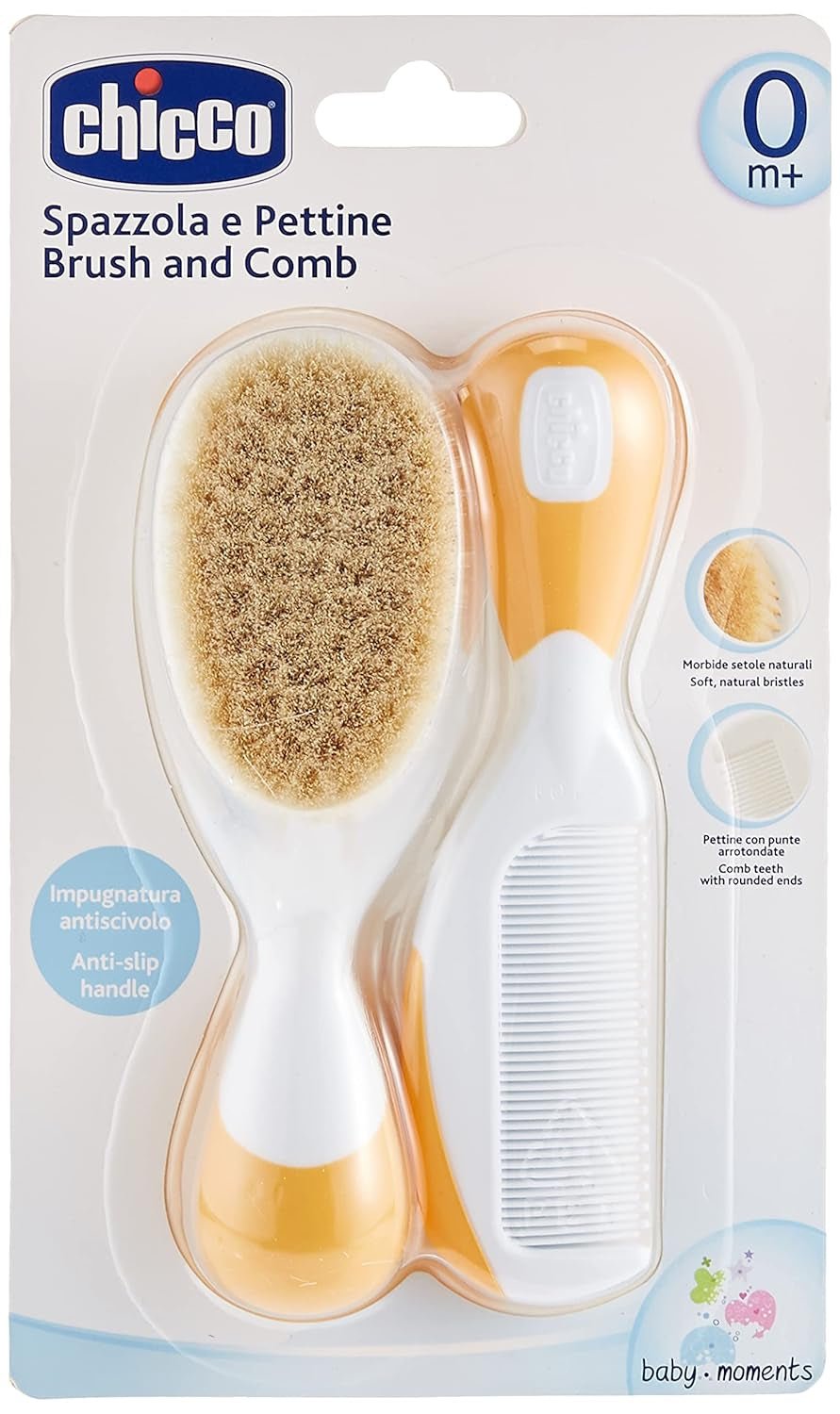 Chicco Ensemble brosse à cheveux et peigne pour bébé, brosse pour bébé avec poils naturels doux, peigne à pointe arrondie, poignée antidérapante, cadeau de fête pour bébé - Fournitures pour nouveau-nés à partir de 0 mois - Bain et soins de la peau Naty Shop Orange