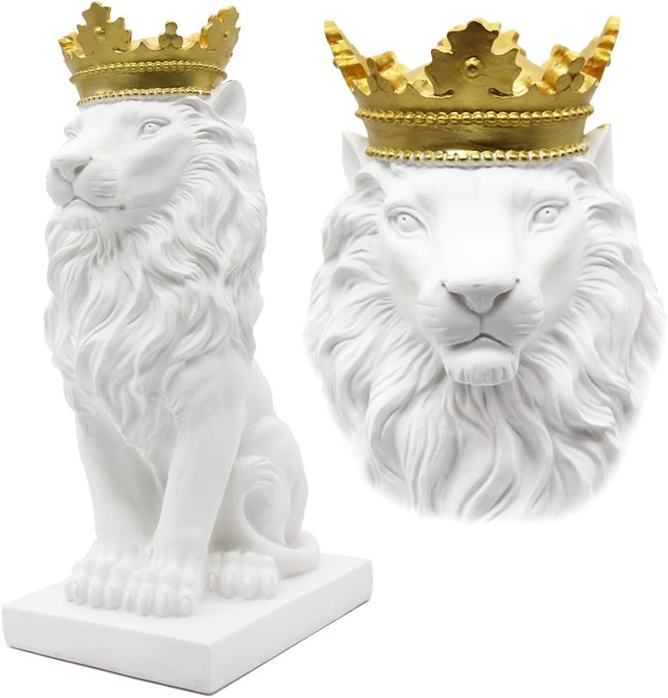 Crown Lion Statue, Sculpturi negre, Figurine de leu din rășină pentru bărbați, Art Statue Ornaments pentru Home Office Living Room Bookshelf Table Desk Housewarming Décor Statuete si sculpturi Naty Shop Alb