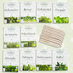 Set de semințe premium organice Plantaluz P03 – Set de semințe pentru plante culinare și medicinale pentru grădină, balcon și interior – incl. bețe de plantare FSC – Semințe organice polenizate liber, netratate și fără OMG-uri