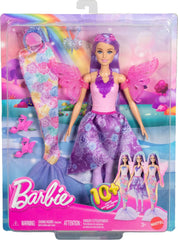 Poupée Barbie 3 en 1 avec 8 accessoires, dont une queue de sirène, des ailes de fée, des colliers royaux, des chaussures et plus encore pour plus de 10 looks différents, JCP74