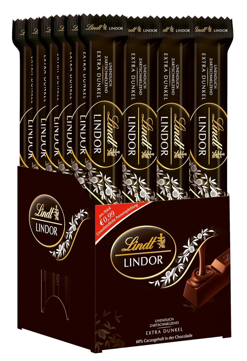 Lindt Chocolate Bâtonnets de chocolat noir LINDOR | 24 tablettes de chocolat x 37g | Avec un fourrage au chocolat noir onctueux et fondant à 60% de cacao | Cadeau de chocolat | Cadeau de chocolat | Colis en vrac