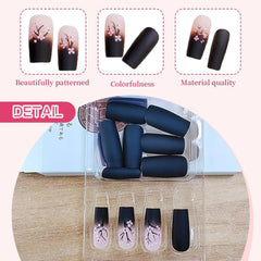 24 de bucăți de unghii French Press negre de toamnă, unghii lungi cu flori roz, unghii artificiale pentru lipit, set de unghii artificiale de toamnă cu accesorii